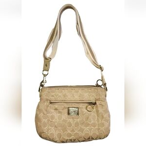 Coach Poppy Swingpack Crossbody Purse Bag Tan Gold Flakes Logo Canvas Small